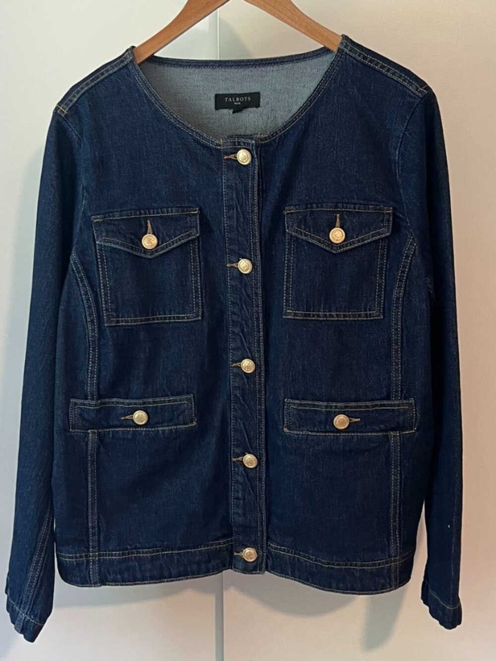 Talbot's Women's Collarless Denim Jacket Stretch Gold Buttons 1X Plus